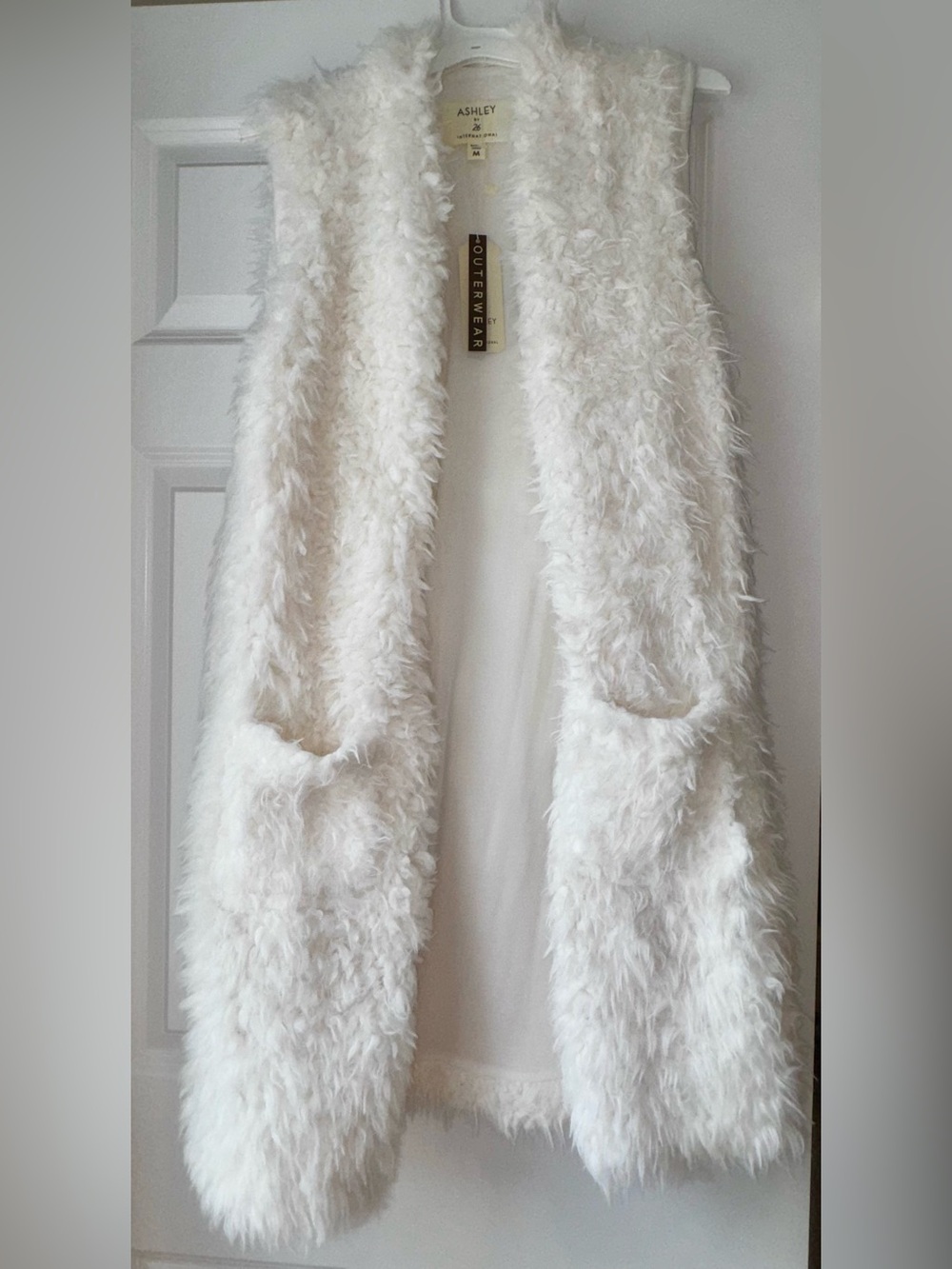 Ashley By 26 International White Faux Fur Open-Front Pocket Jacket